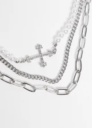 Серебристое ожерелье в несколько рядов с подвеской-крестом с искусственным жемчугом ASOS DESIGN-Серебристый