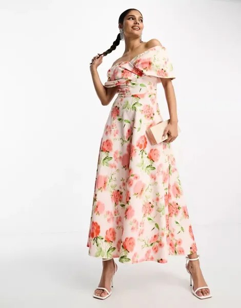 Бальное платье миди True Violet с принтом персикового цвета и манжетами