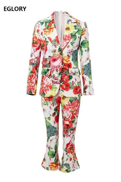 Женский костюм из блейзера и капри, разноцветный пиджак с цветочным принтом и брюки до щиколотки, комплект из 2 предметов, Осень-зима 2020