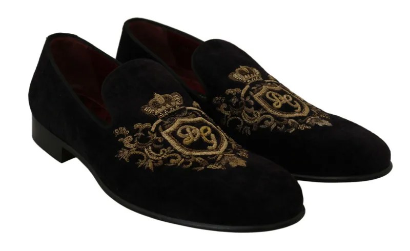DOLCE -amp; GABBANA Обувь Лоферы Черный Бархат Золотая Корона Мужские EU39 / US6 Рекомендуемая розничная цена 2200 $