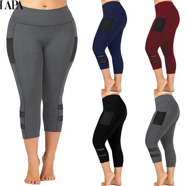 LAPA Плюс Размер Женщины Твердые карманы Йога Леггинсы Slim Fit Тренажерный зал Спорт Полые дышащие мягкие брюки L-4XL