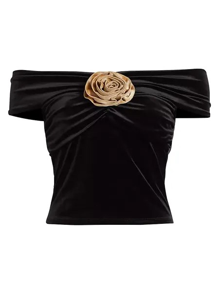 Изумрудная блузка из эластичного бархата с открытыми плечами Reformation, черный
