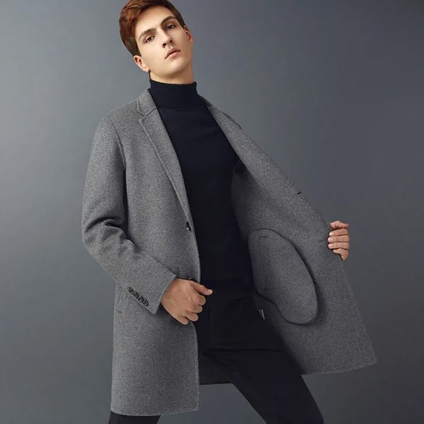 Мужская двойная шерстяная теплая куртка средней длины мужская зимняя французская деловая куртка шерстяное пальто