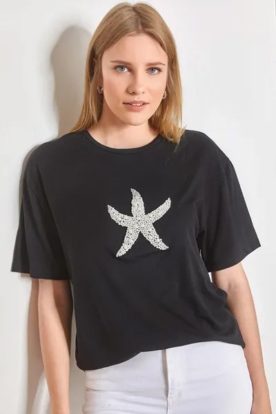 Женская футболка из чесаного хлопка с вышивкой Star Pearl Stone SHADE, черный