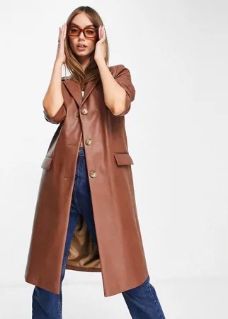 Коричневое пальто из искусственной кожи в стиле 90-х Helene Berman-Коричневый цвет