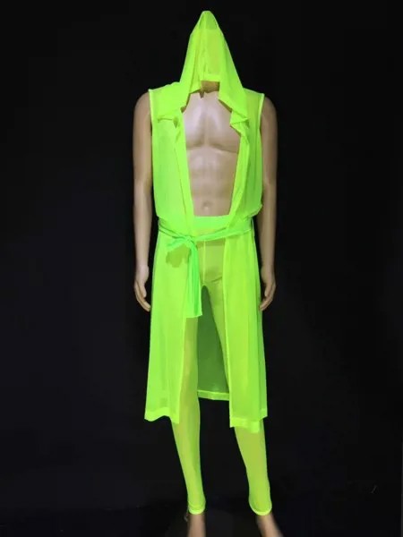 Флуоресцентная зеленая розовая накидка, трико, брюки, танцевальная фотография, сексуальные прозрачные мужские костюмы