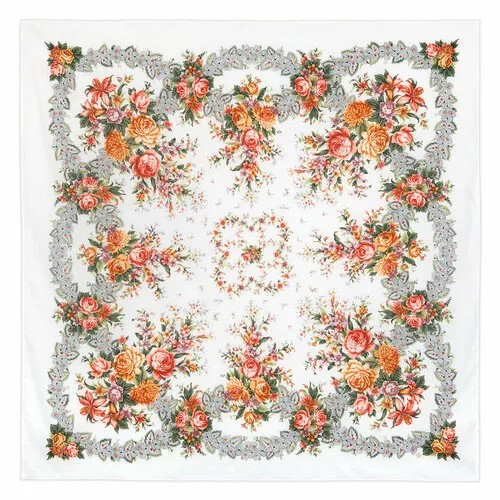 Платок Павловопосадская платочная мануфактура,146х146 см, оранжевый, белый