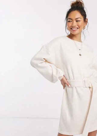 Платье-свитшот мини кремового цвета с объемными рукавами и поясом In The Style x Billie Faiers-Белый