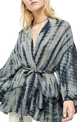 Куртка-кимоно Free People Sasha Tie Dye Синий Серый С поясом и рюшами Прозрачный M/L NWT