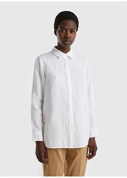Белая женская льняная рубашка 5BMLDQ02U Benetton, белый