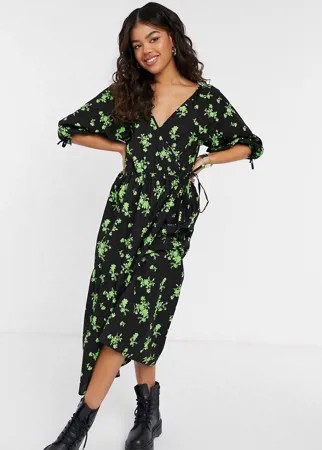 Зеленое свободное платье миди из поплина с запахом и цветочным принтом ASOS DESIGN-Многоцветный