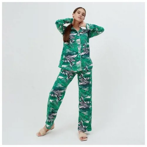 Пижама Promarket, брюки, рубашка, застежка пуговицы, длинный рукав, размер 40, зеленый