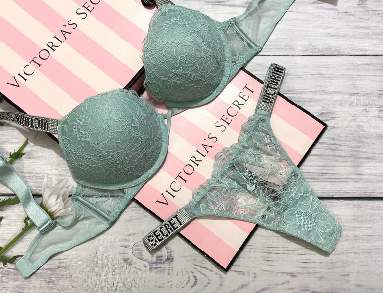 Victorias Secret Bombshell +2 Cup Lace Push Up Bra Thong Set Shine Strap Mint
