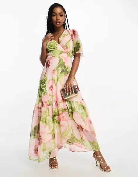 Платье Hope & Ivy ruffle wrap in floral print, розовый/зеленый