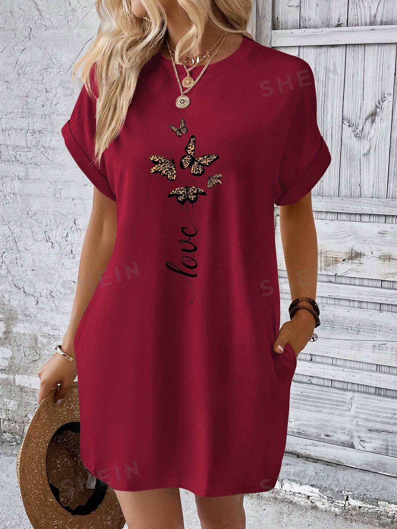 SHEIN LUNE Женское платье-футболка с рукавами «летучая мышь» и принтом бабочки, бургундия