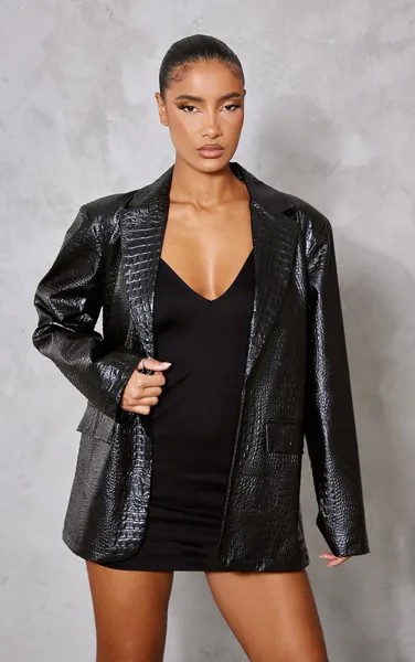PrettyLittleThing Черный - Большой пиджак из искусственной кожи с текстурой под крокодила