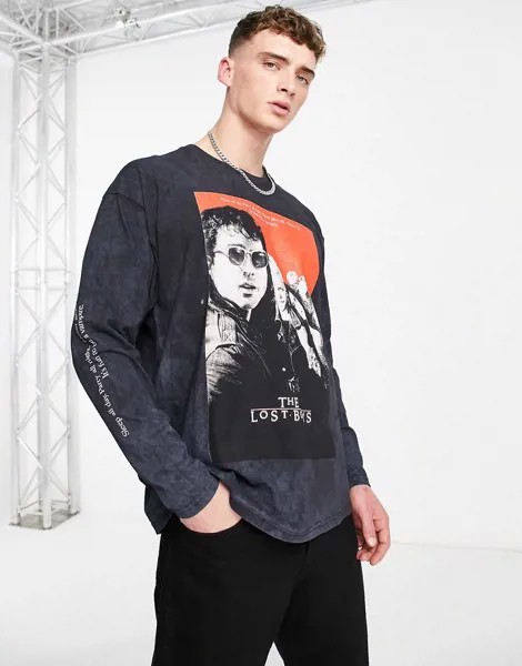 Черный лонгслив в стиле oversized с принтом 