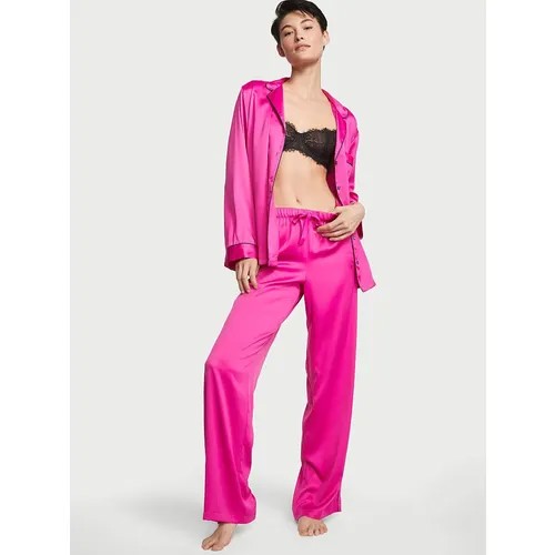 Пижама Victoria's Secret, рубашка, брюки, длинный рукав, пояс на резинке, карманы, размер S Regular, фуксия