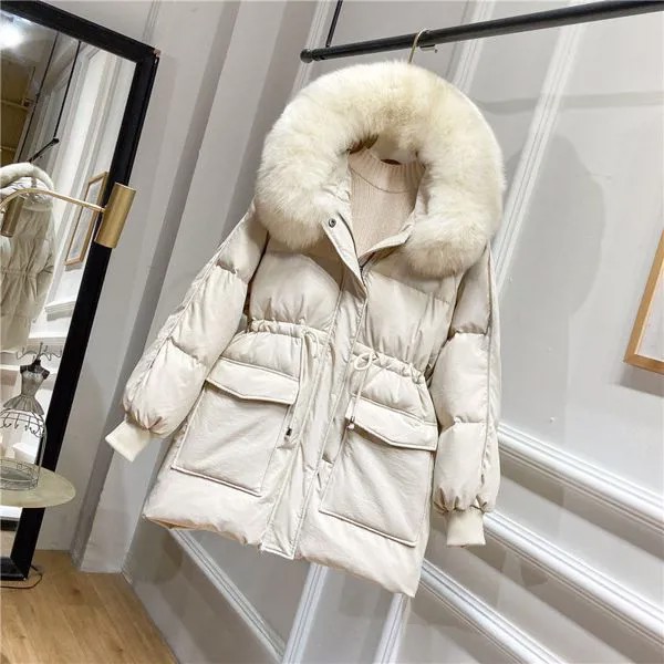 2021 новый корейский большой воротник из натурального меха енота зимняя куртка для женщин, 90% пуховики на белом утином пуху плотные теплые парки пояс галстуком-бабочкой, на шнуровке, зимние пальто