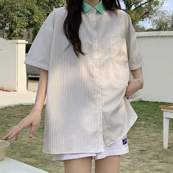 Лето, японские студенты, цветная полоса, женская рубашка с коротким рукавом, тонкая свободная, ветровка в гонконгском стиле BF lazy wind jatide