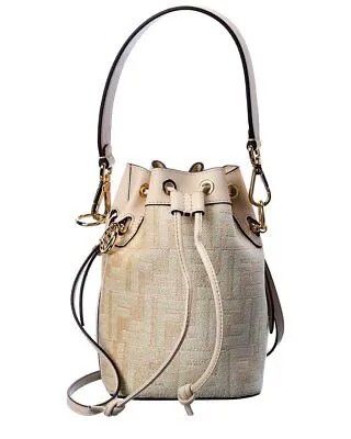 Fendi Mon Tresor Mini FF Женская сумка-мешок из гобелена и кожи, белая