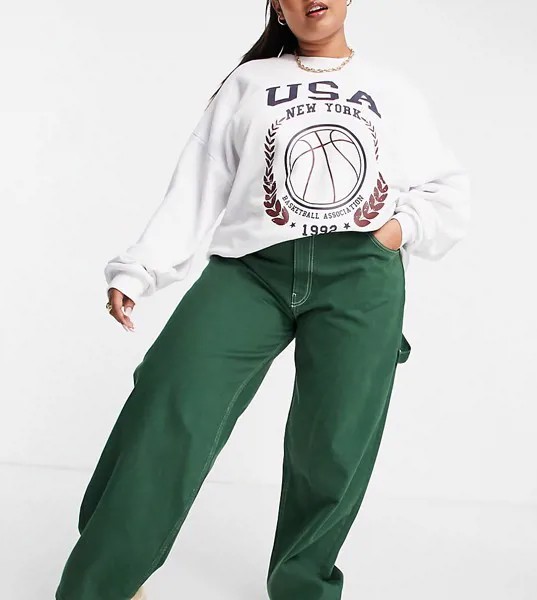 Oversized-джинсы темно-зеленого цвета в скейтерском стиле с классической талией и контрастной белой строчкой ASOS DESIGN Curve-Зеленый цвет