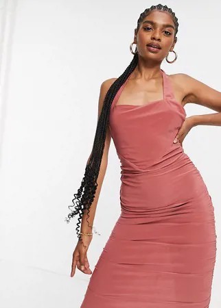 Розовое платье-бюстье миди со сборками и лямкой через шею ASOS DESIGN Tall-Multi