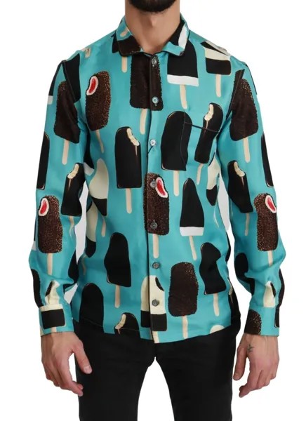 DOLCE - GABBANA Повседневная рубашка из синего шелка с принтом мороженого 40 / 15,75 долларов США / м Рекомендуемая розничная цена 1300 долларов США