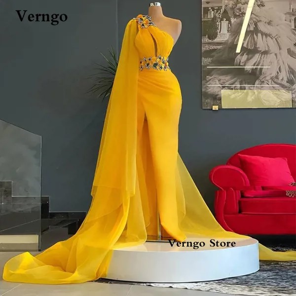 Длинные золотистые желтые тюлевые платья Verngo на одно плечо с разрезом 3D Цветы накидка рукава африканские женские вечерние платья