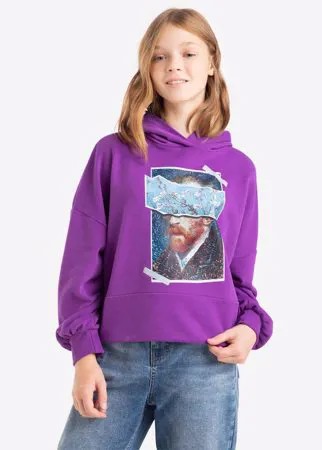 Фиолетовое худи oversize с принтом для девочки Gloria Jeans