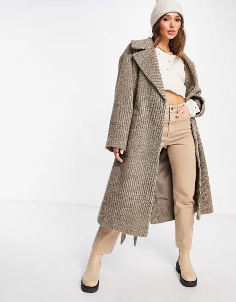 Коричневое пальто с узором «елочка» ASOS DESIGN-Коричневый цвет