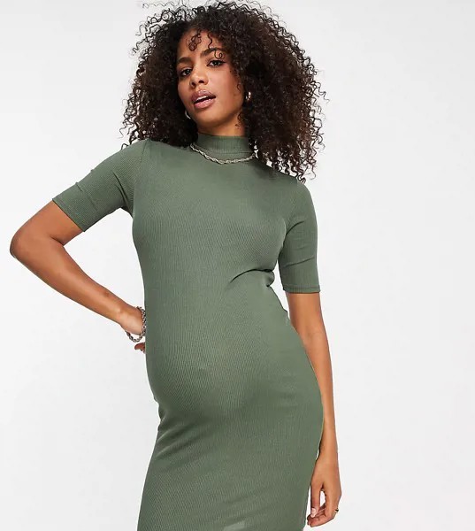 Платье мини цвета хаки с высоким воротом и рукавом до локтя Flounce London Maternity-Зеленый цвет