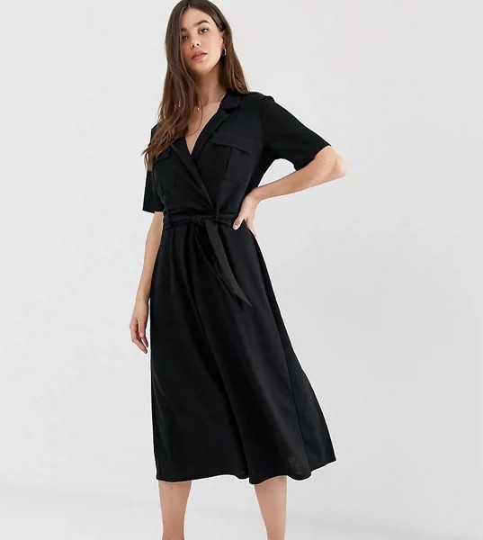 Меланжевое платье-рубашка миди с поясом ASOS DESIGN Tall-Черный