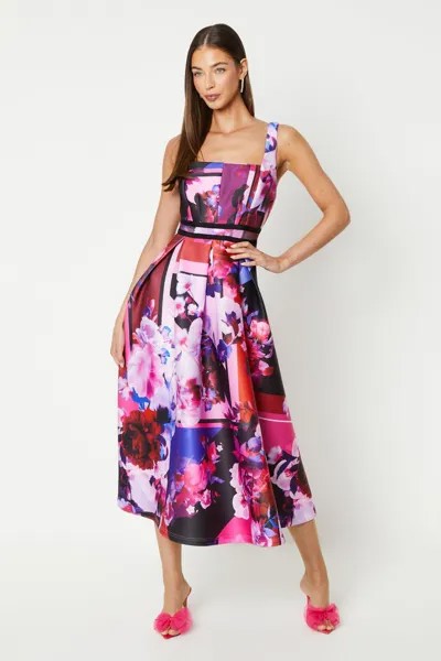 Платье миди с контрастной отделкой и цветочным принтом Scuba Coast, розовый