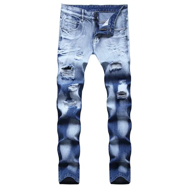 Мужские модные синие джинсовые брюки в стиле панк, высококачественные зауженные рваные джинсы с дырками, уличные модные сексуальные джинсы, повседневные джинсовые брюки;