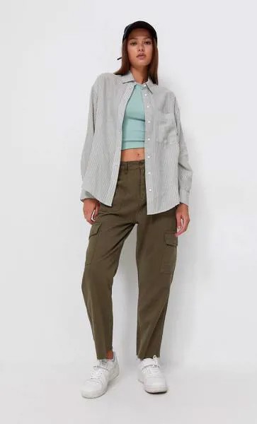 Stradivarius Рубашка Прямого Кроя В Полоску Хаки L