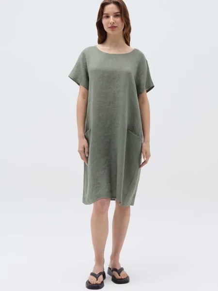Короткое льняное платье с карманами Hybrid, цвет moss green