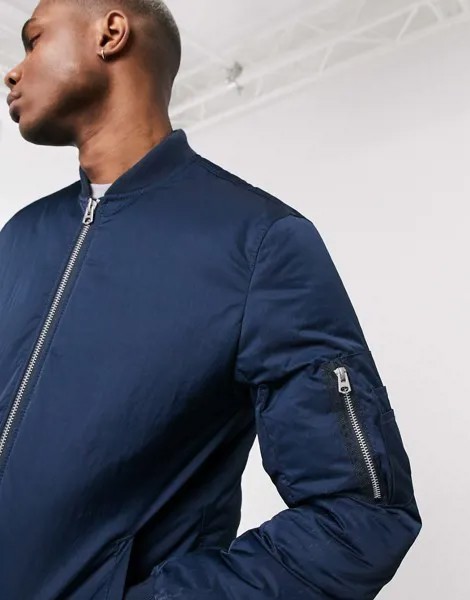 Темно-синий бомбер с карманом MA1 и подкладками ASOS DESIGN