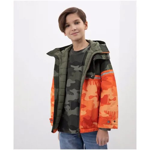 Куртка демисезонная в стиле милитари со светоотражающей вставкой хаки Gulliver, цвет Милитари хаки, милитари оранжевый., размер 146