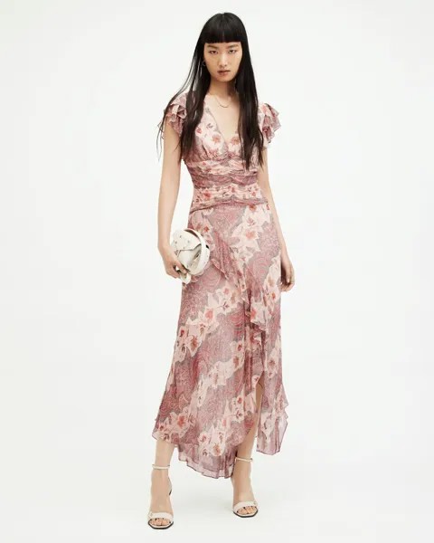 Платье макси с цветочным принтом Brea AllSaints, глина розовая