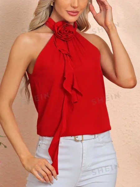 SHEIN Clasi Женская блузка без рукавов с объемным цветочным декором и бретелькой на шее, красный