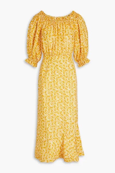 Платье миди из шелкового крепдешина Grace с открытыми плечами и принтом Saloni, цвет Marigold