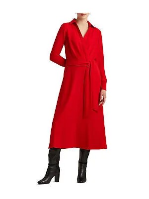 Женское красное коктейльное платье без подкладки RALPH LAUREN с манжетами и рукавами чайной длины 8