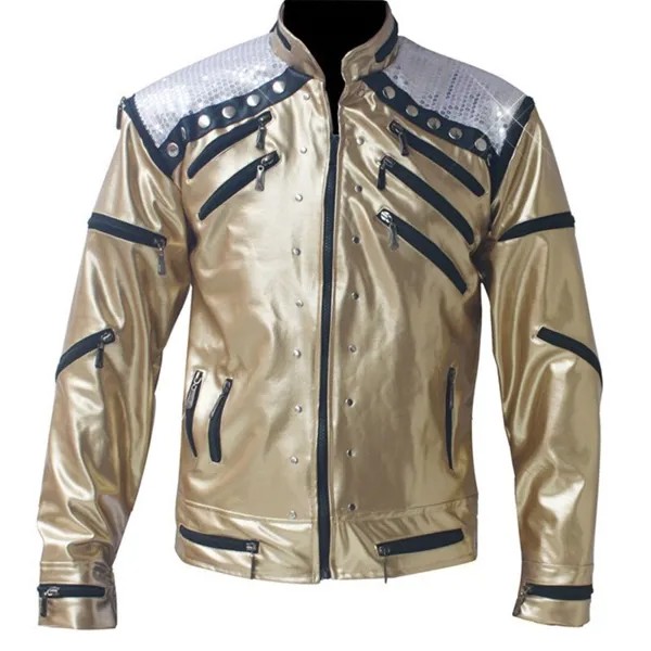 Редкая Классическая мотоциклетная куртка в стиле панк-рок, модель MJ, Майкл, блестящая золотая куртка на молнии для фанатов, лучший подарок