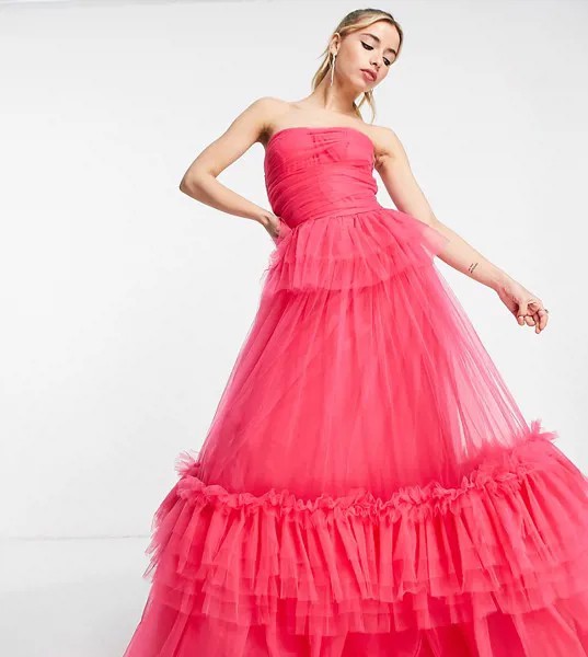 Эксклюзивное ярусное платье-бандо макси из тюля красного цвета Lace & Beads-Розовый цвет