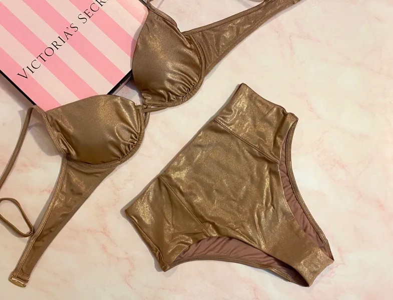 Плавки Victorias Secret с высокой талией на косточках с эффектом металлик и вырезами, розовый песочный