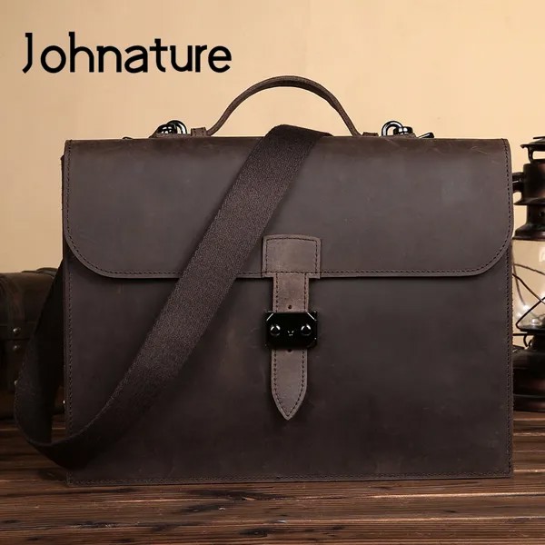 Мужская однотонная сумка из натуральной воловьей кожи Johnature, однотонная деловая сумка-мессенджер в стиле ретро, 2022