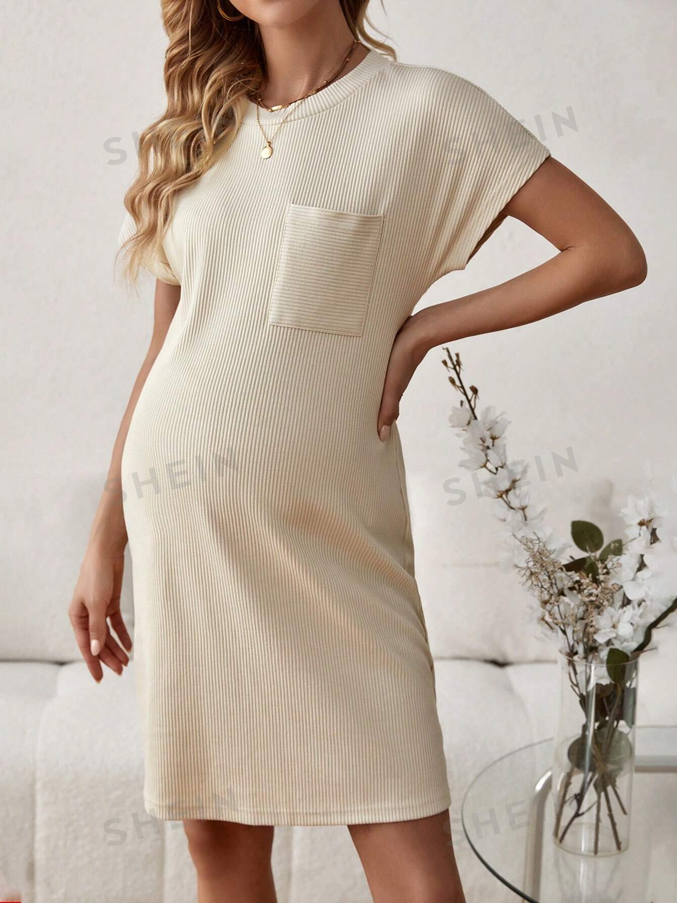 SHEIN Однотонное повседневное платье с карманами и рукавами «летучая мышь» для беременных, абрикос