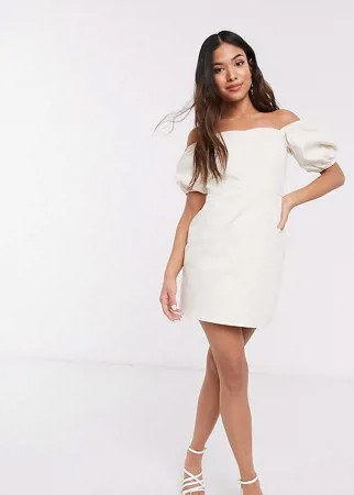 Кремовое джинсовое платье мини с пышными рукавами New Look Petite-Белый