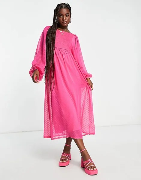 Ярко-розовое платье миди с фактурной присборкой Miss Selfridge
